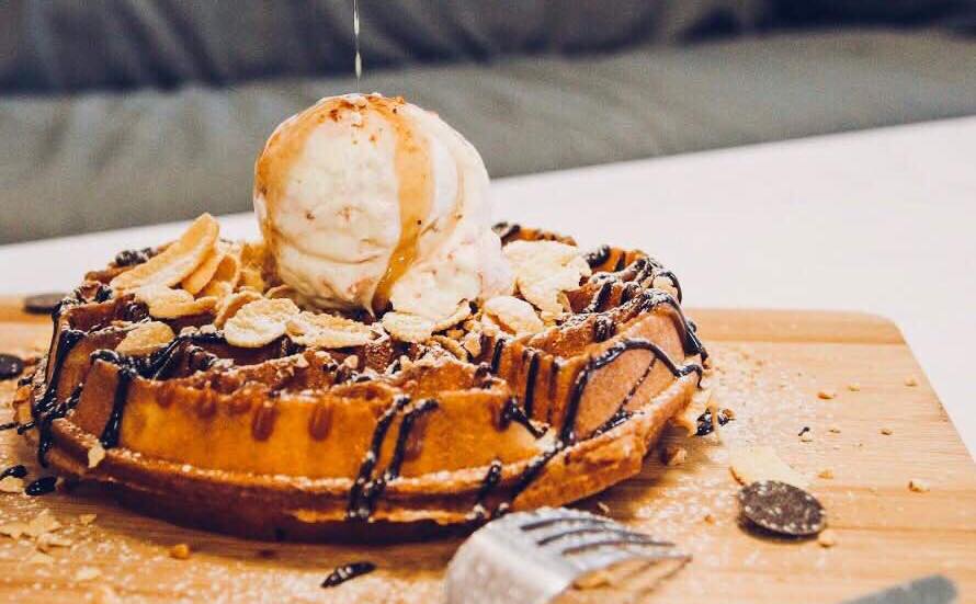 ice cream waffle dessert on a plate