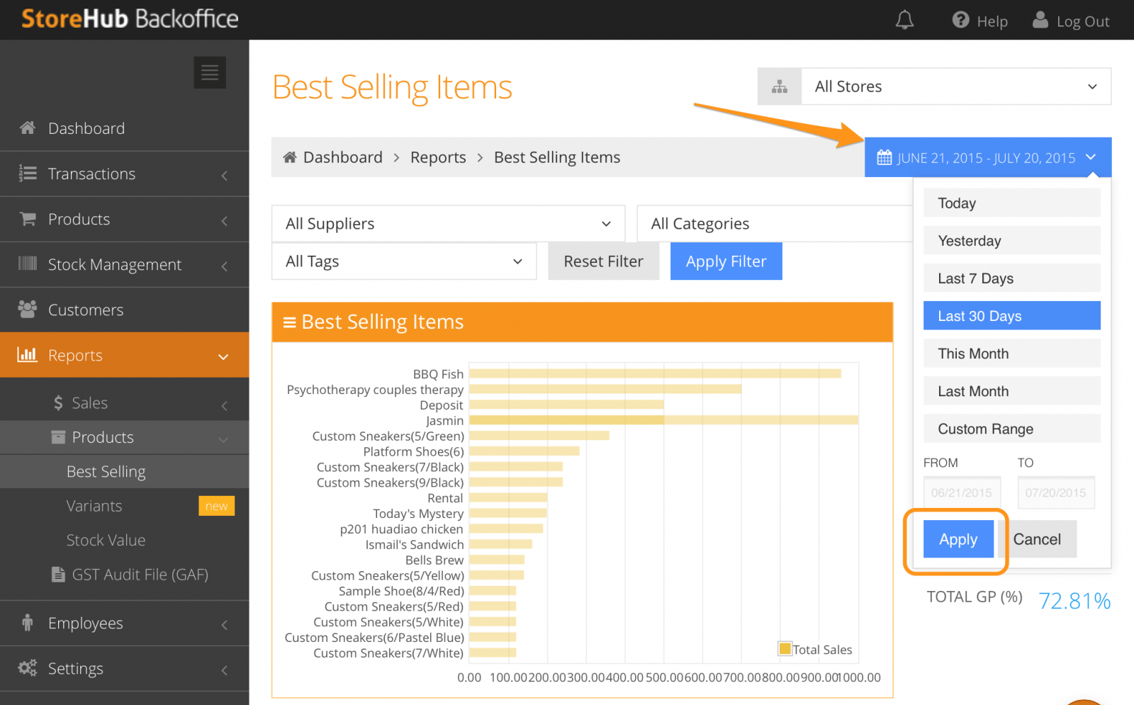 StoreHub BackOffice Best Selling Product Report