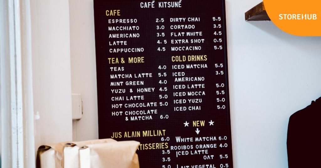 coffee shop menu board with a list of coffees and beverages