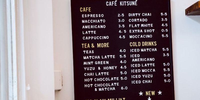 A blackboard of a cafe menu