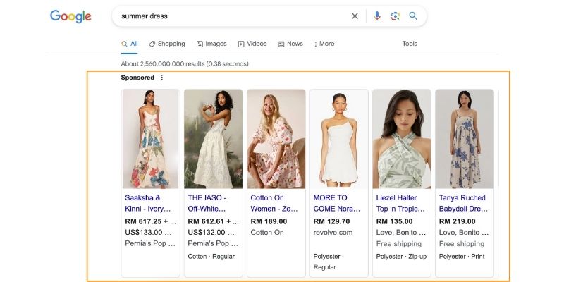 A screenshot of Summer Dress ads on Google Ads