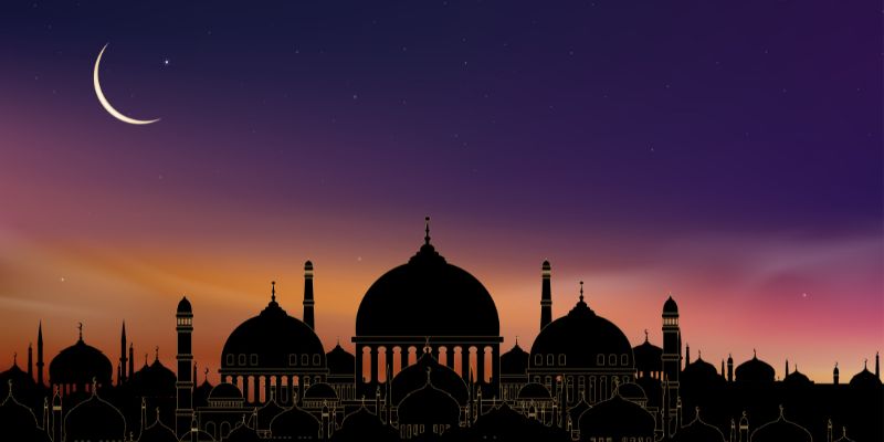 The Mosque with the moon visible on its left