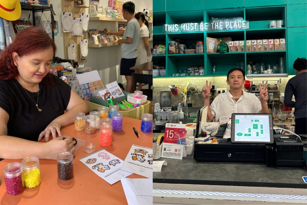 Stephanie, pengasas Kozie Krafts, tengah buat kraf | Ken Ho, pengasas Merchant's Lane dengan sistem POS StoreHub