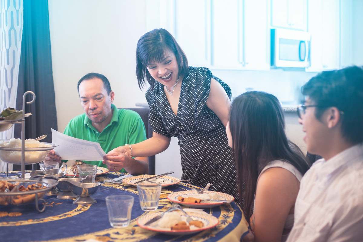 A family enjoying a meal during Lent and Holy Week.