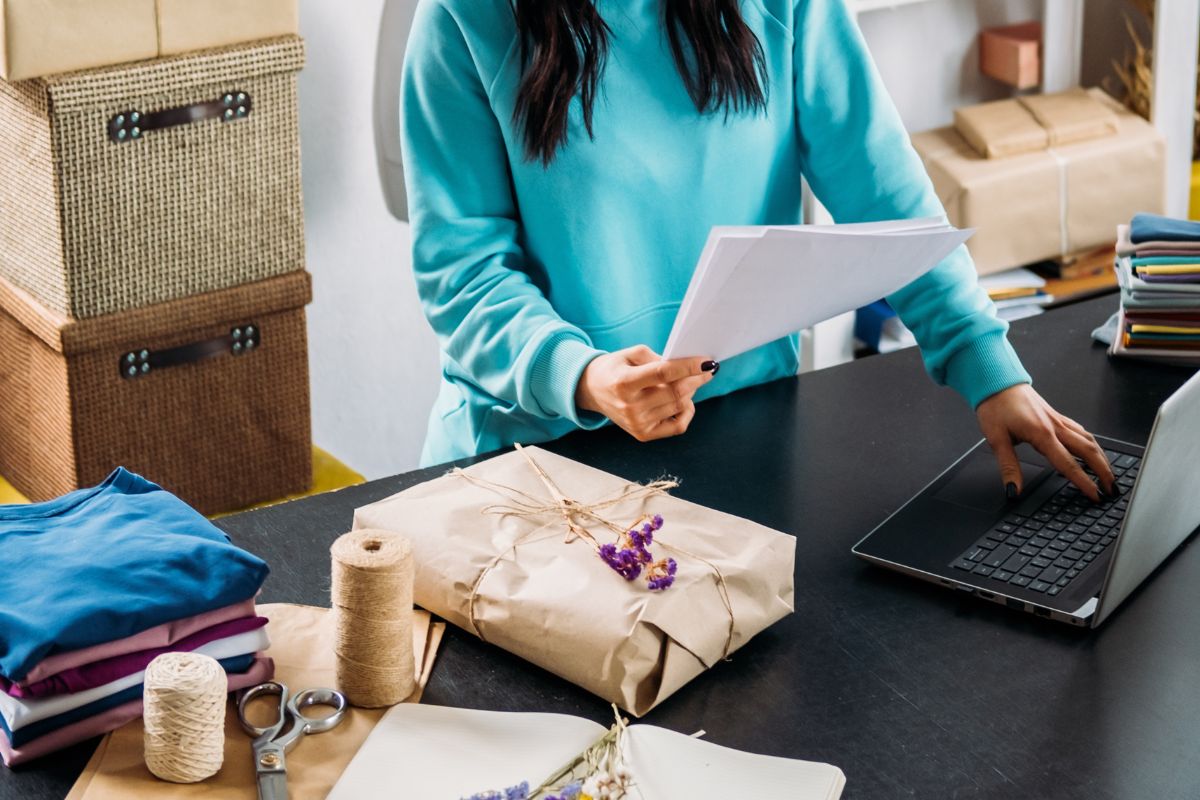 A female retail business owner preparing an order