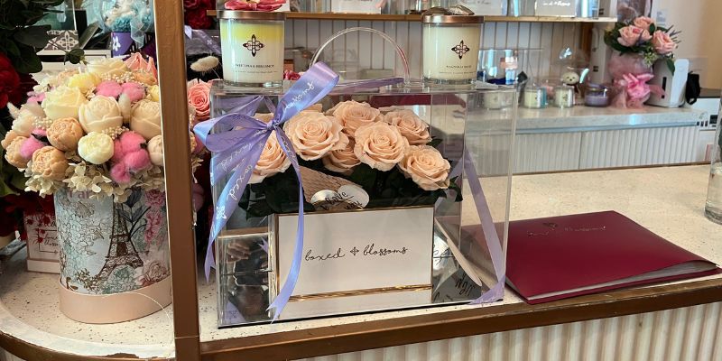 Boxed flowers displayed at Boxed Blossoms' store