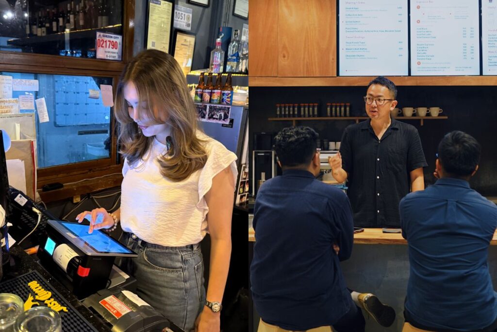 Sheila Morales, founder of Delgado.112 with the StoreHub POS | Andre Chanco, founder of Yardstick Coffee, serving customers