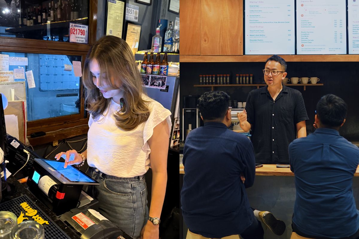 Sheila Morales, founder of Delgado.112 with the StoreHub POS | Andre Chanco, founder of Yardstick Coffee, serving customers