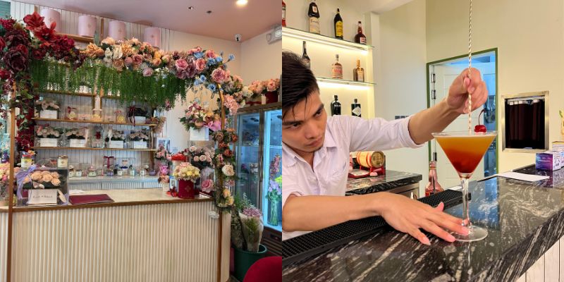 The inside of Boxed Blossoms | A barista making a cocktail for a customer