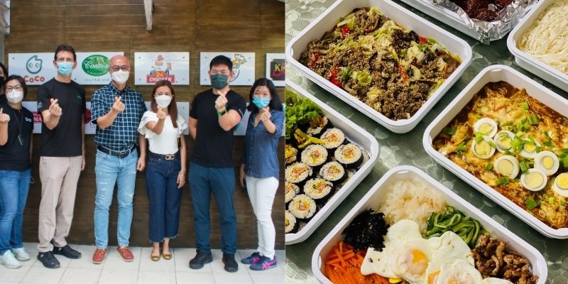 Jona Lee, founder of HappiLee Korean Kitchen, with her husband | A flatlay of HappiLee Korean Kitchen's signature menu items