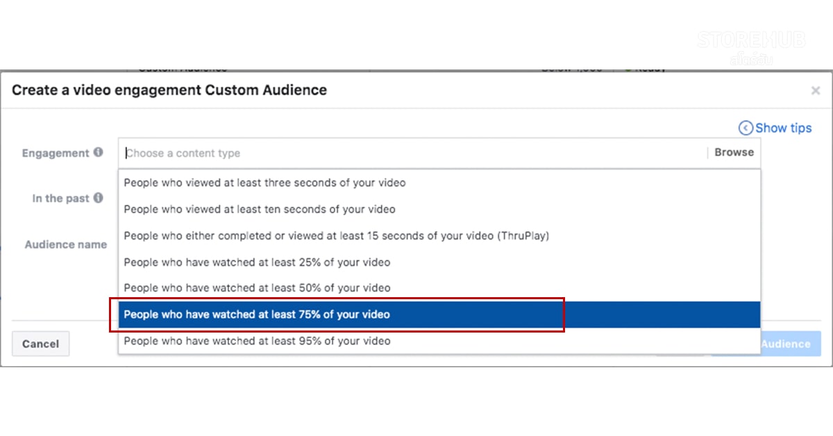 Facebook Ads Manager เลือก Audience กลุ่มลูกค้าเป้าหมายที่เคยดูวิดีโอบนเพจร้าน