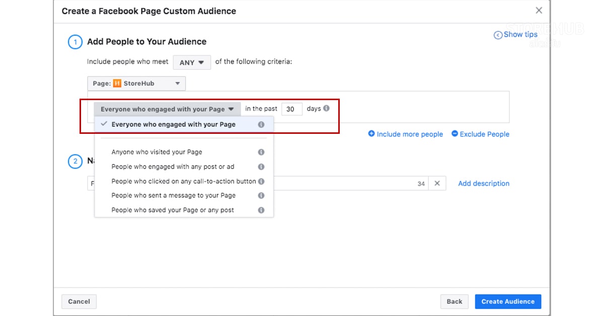Facebook Ads Manager เลือกลูกค้ากลุ่มเป้าหมายที่เคยมีส่วนร่วมบนเพจ Facebook ช่วง 30 วันที่ผ่านมา