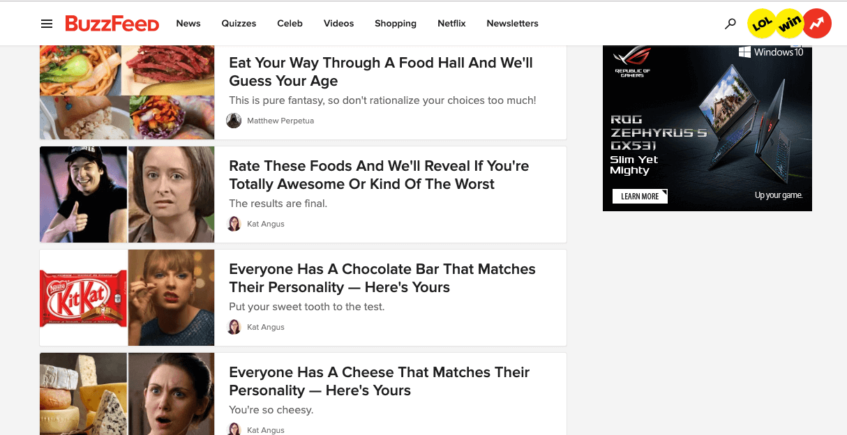 Buzzfeed Quizzes website screenshot