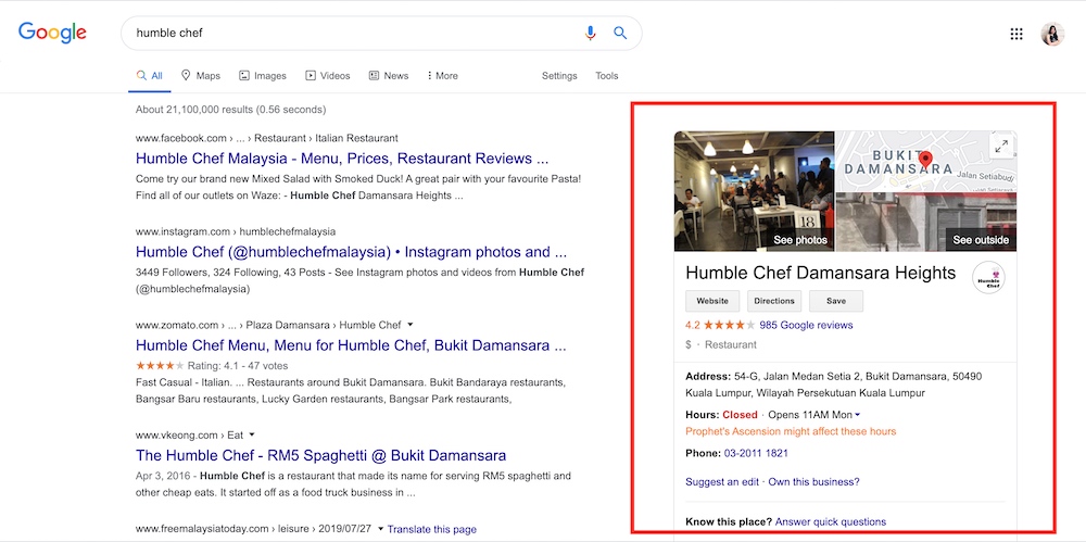 Humble Chef Google Business Profile screenshot example