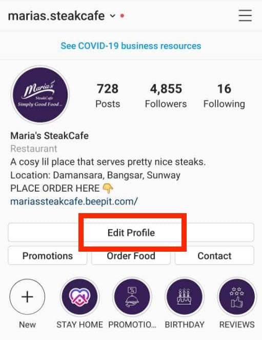 Instagram Edit Profile Food Orders StoreHub partner