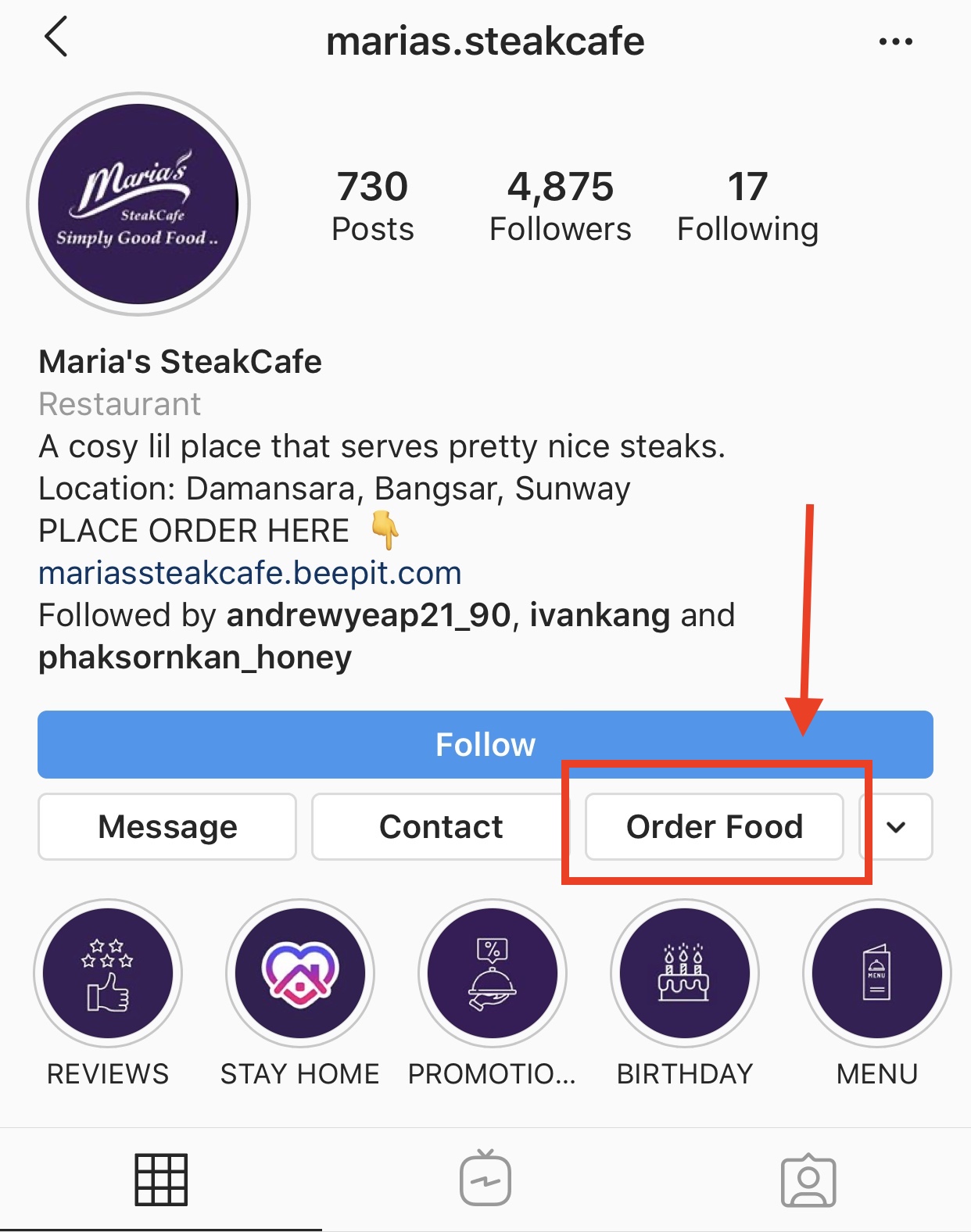 Instagram Profile Food Orders action button StoreHub partner