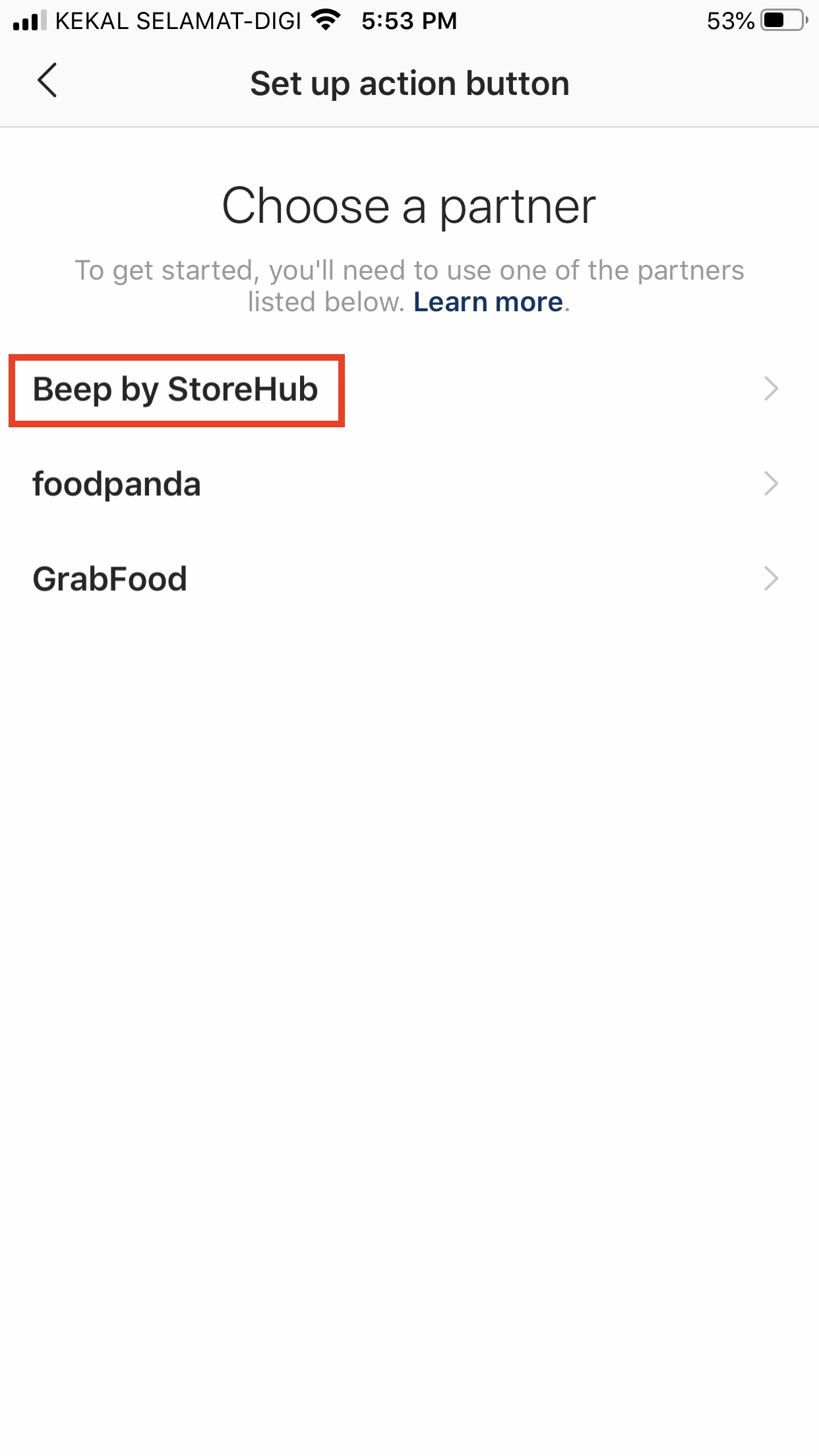 Instagram Stories Sticker Food Orders Gift Card set up choose StoreHub partner