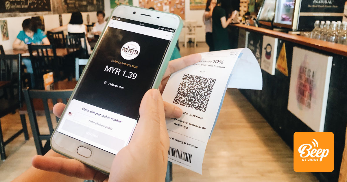 hand smartphone scan QR code receipt Beep Cashback customer loyalty program StoreHub blog