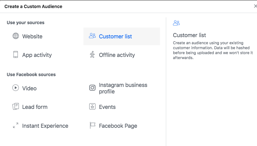 Create customer list custom audience