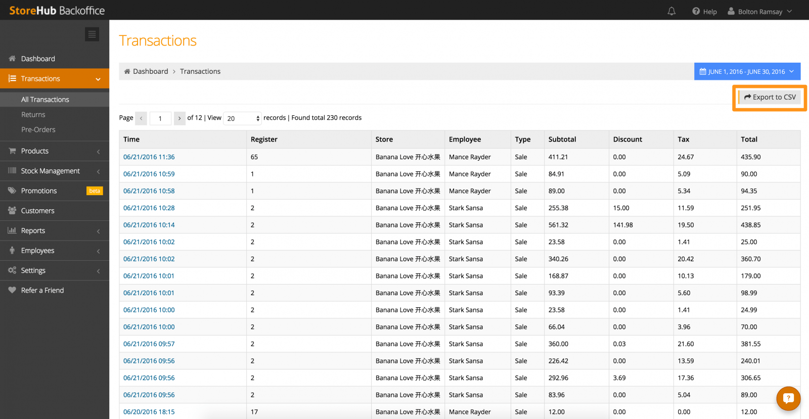 StoreHub BackOffice Export Transactions To CSV