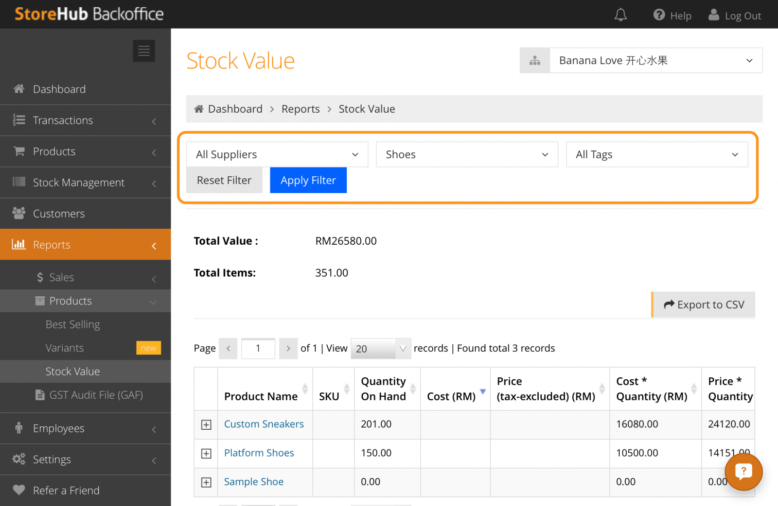 StoreHub BackOffice Stock Value Report