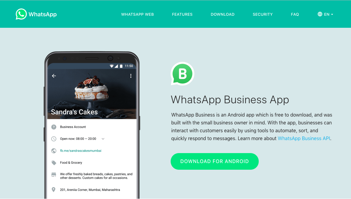 WhatsApp Business website screenshot