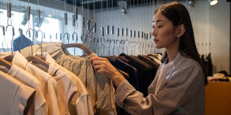 A woman is selecting a blouse from a clothing rack at a retail store. 