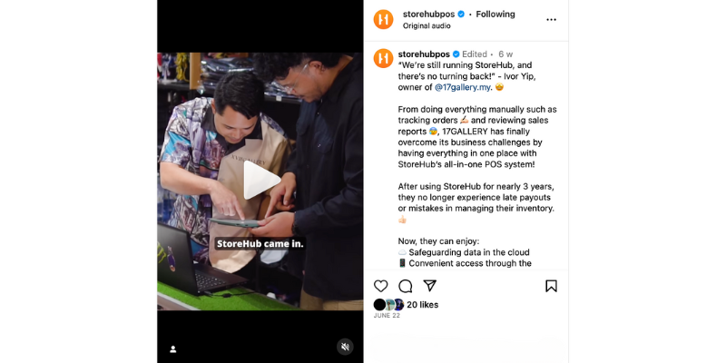 A screenshot of StoreHub's Instagram post featuring the 17Gallery video.