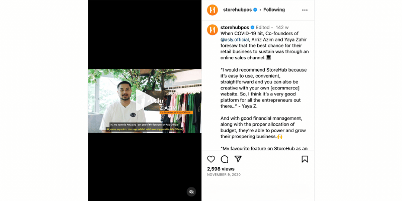 A screenshot of StoreHub's Instagram post featuring the Asly video.