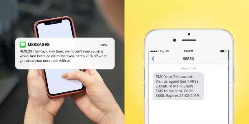 A woman is checking her SMS for a promotional offer on the left and a SMS marketing promotion on the right.