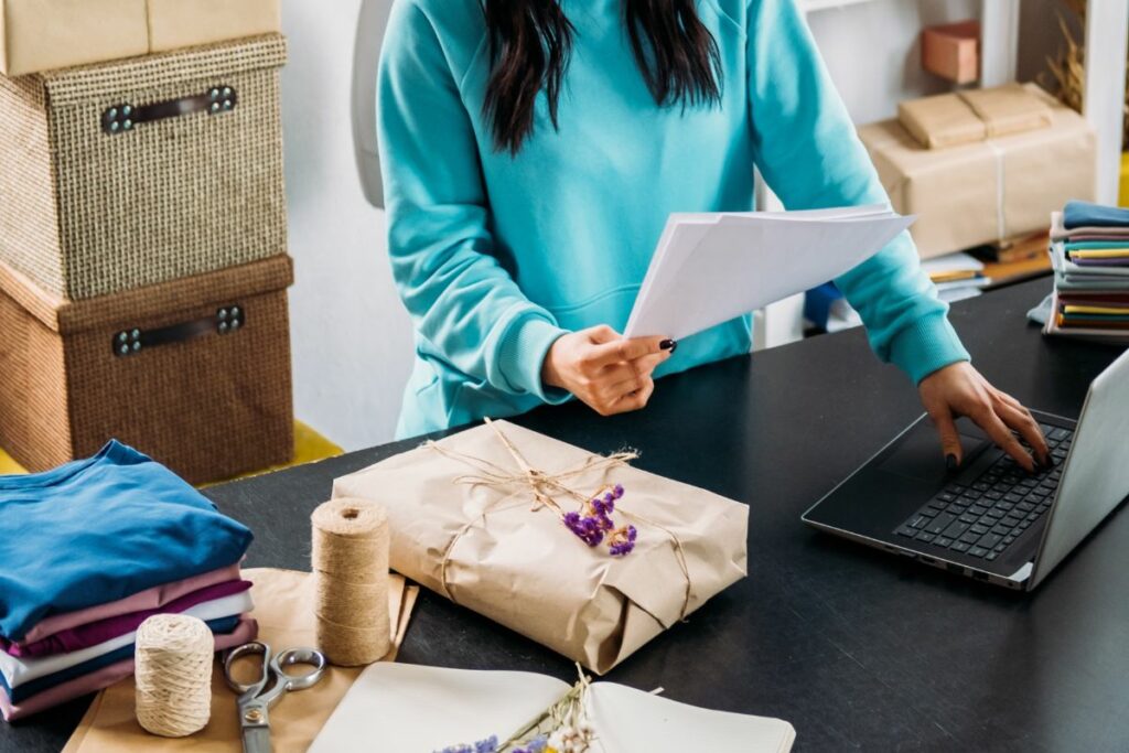 A female retail business owner preparing an order