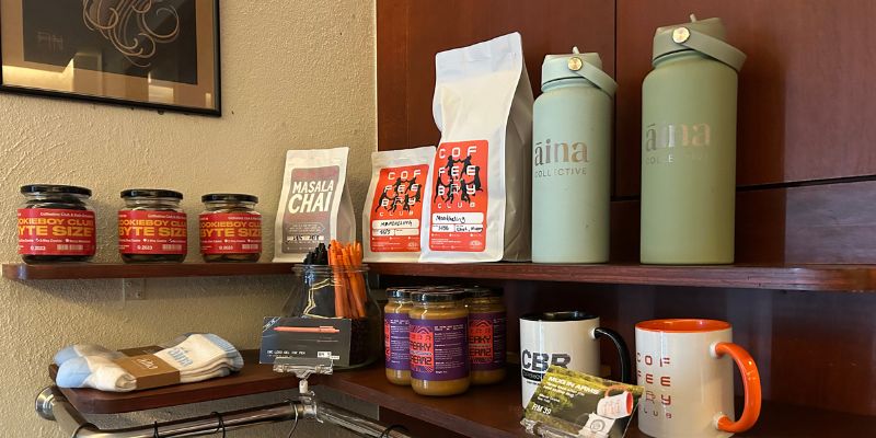 Coffeeboy Club merch and products displayed at their branch in Gasket Alley