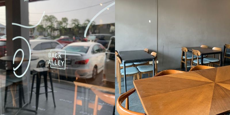 Left to right: Back Alley Pasta Bar logo outside the restaurant | Empty tables before Back Alley Pasta Bar opens