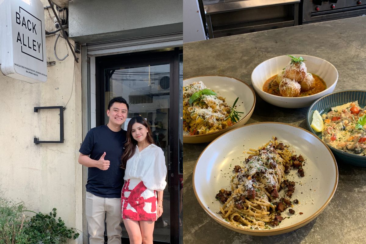 Left to right: Alfred and Mia of Back Alley Pasta Bar | A spread of pastas from Back Alley Pasta Bar